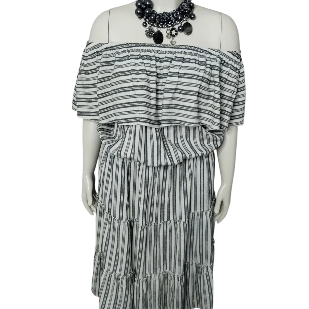 Ashley Womens Linen Euro Summer Beachy Coastal Off Shoulder Striped Tiered Dress